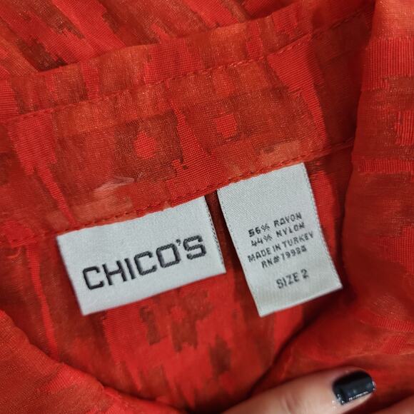 Chicos Womens Shirt Size Chicos 2 Standard Large 12 Red Button Front Sheer - Picture 3 of 13